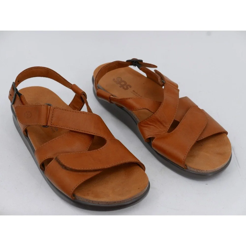 SAS Huggy Slingback Sandals Brown Leather Comfort Adjustable Women's Size 9